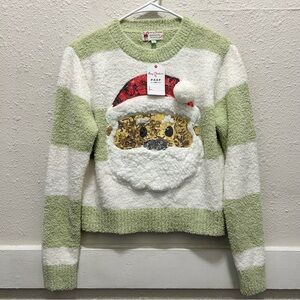 Merry Christmas by Poof! Green and White Striped Golden Sequin Santa Sweater NWT